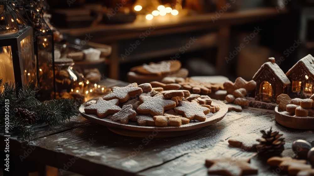 Poster rustic wooden table adorned with artfully arranged gingerbread cookies warm inviting lighting create