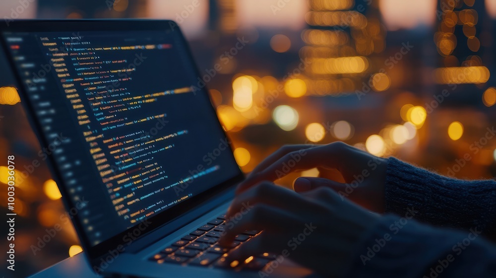 Poster close-up of hands typing on a laptop keyboard with screen showing code, set against the bokeh of cit