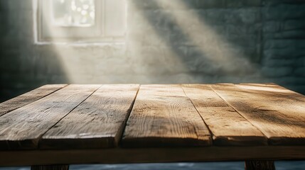 rustic wooden table bathed in soft natural light empty surface inviting product placement subtle grain texture and warm tones