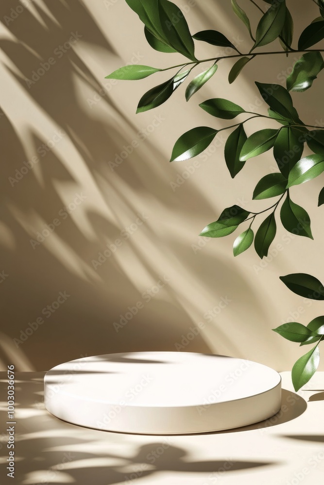 Aufkleber minimalist display with circular pedestal under natural light and leafy shadows in a serene setting