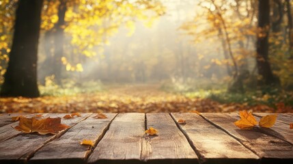 rustic wooden table in vibrant autumn forest golden leaves misty atmosphere soft natural light empty space for product