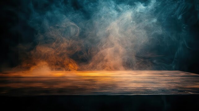 rustic wooden table shrouded in mysterious smoke tendrils dark moody atmosphere with hints of orange glow suggests halloween ambiance eerie and captivating