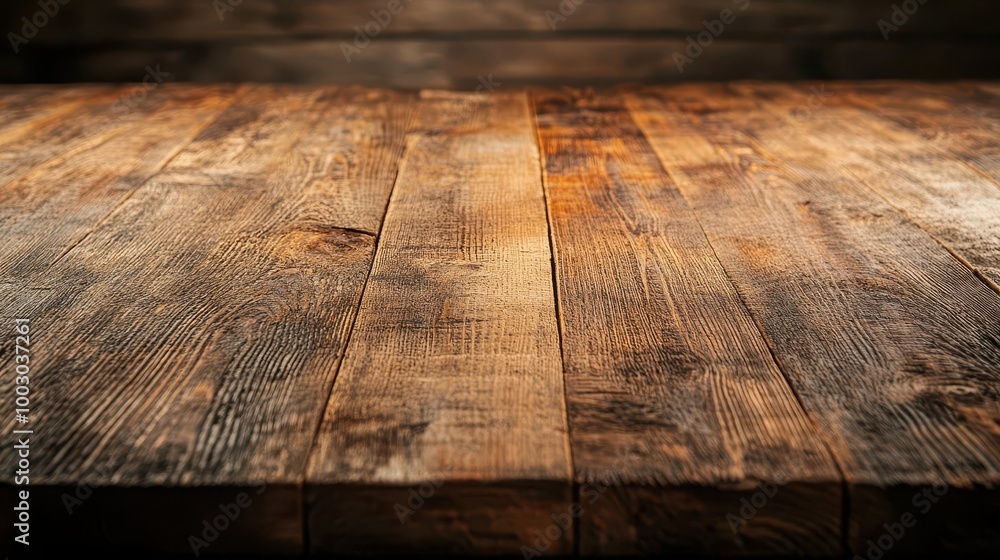 Poster rustic wooden table surface with rich texture and warm tones empty tabletop ready for product placem