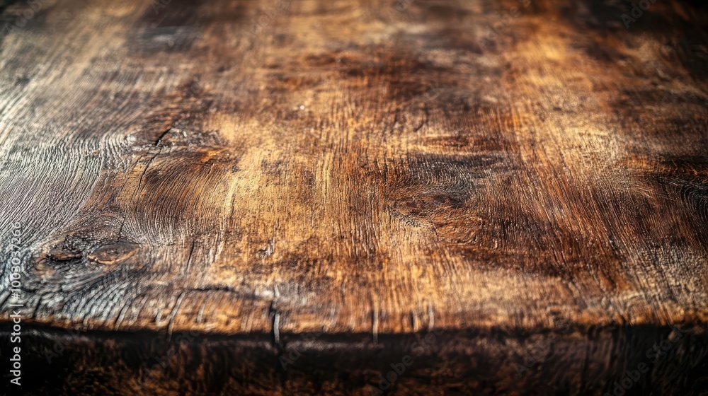 Poster rustic wooden table surface with rich texture and warm tones empty tabletop ready for product placem