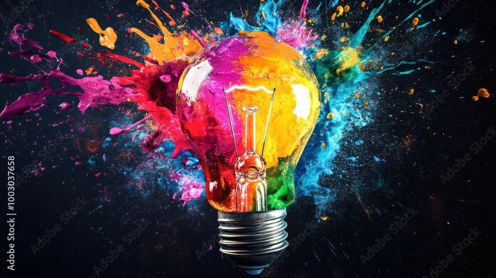 Aufkleber creative light bulb explodes with colorful paint and splashes on a black background. think different