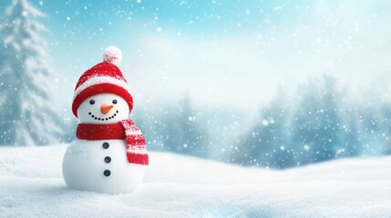 Fototapeta premium Cute Snowman with snow, background image of winter landscape with copyspace