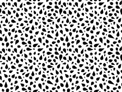 Fototapeta Seamless pattern of black drops of various shapes and sizes watercolor effect white background. Textile prints, packaging, wallpaper, notebook covers, gift wrapping background for digital design.