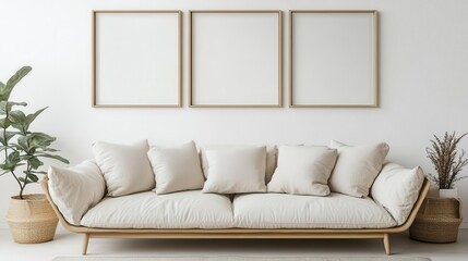 scandinavian living room mockup three square frames on white wall above minimalist sofa neutral tones and natural textures creating a calm modern aesthetic