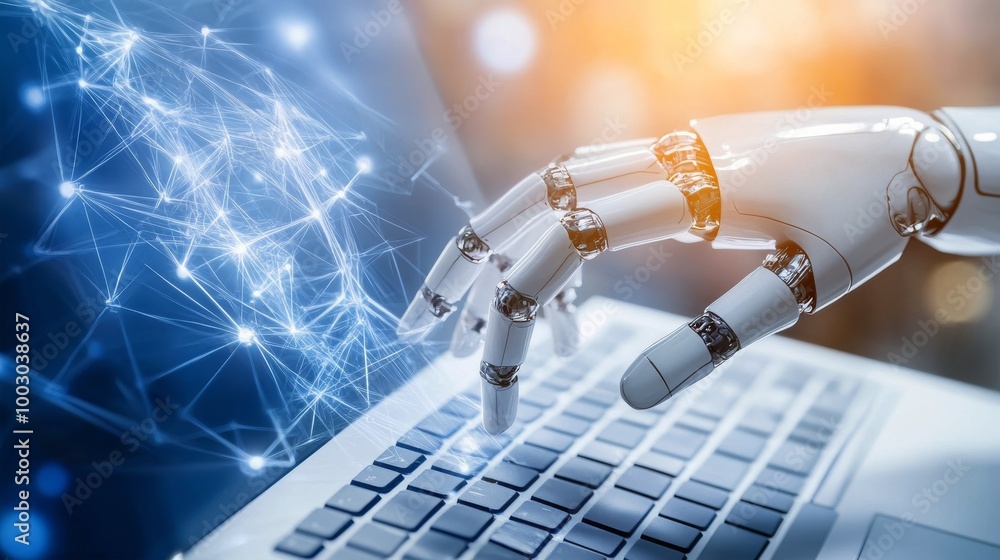 Poster a robotic hand reaches out to connect with a laptop keyboard in a futuristic digital environment