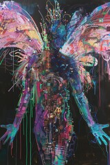 A vibrant, abstract portrayal of a figure with colorful wings, exuding an ethereal, artistic essence against a dark background.