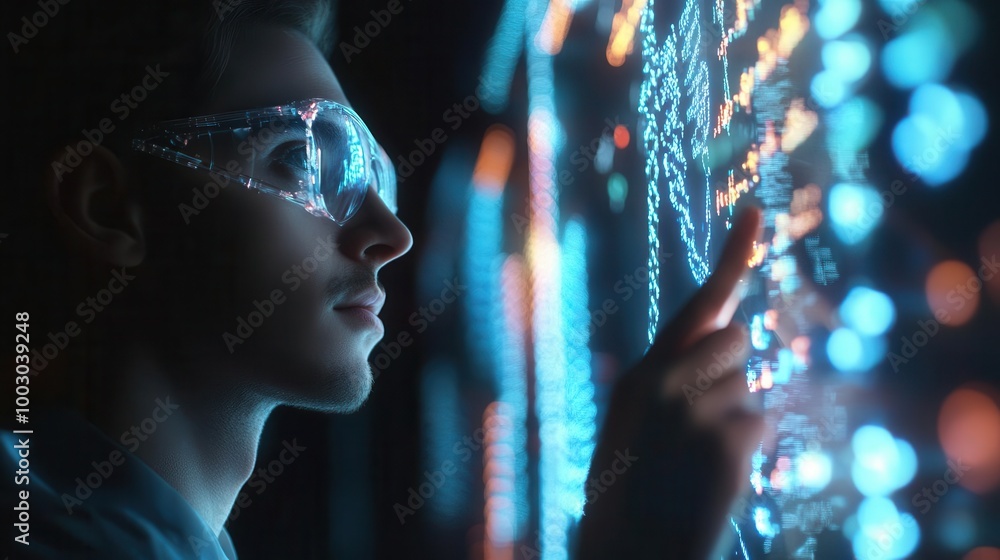 Poster scientist using advanced gene sequencing machine holographic dna strand display