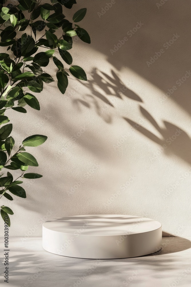 Poster minimalist display with circular pedestal under natural light and leafy shadows in a serene setting