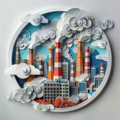 3D paper art style city with factory chimneys and smoke, industrial background