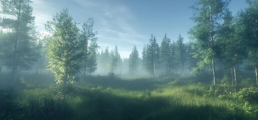 Misty forest with tall trees in the early morning.