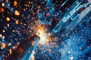 Welder with sparks flying, showcasing a skilled tradesperson working on a metal fabrication project wearing safety gear , welding industry concept