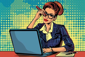 A confident woman in glasses contemplates while working on a laptop, embodying a modern, professional, and creative vibe.