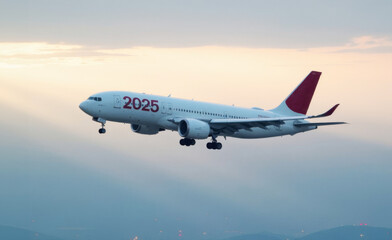 An aircraft adorned with the number 2025 is ascending through the sky, signifying future travel in the new year
