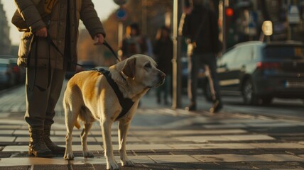 Guide dog walking with owner in a city during autumn.