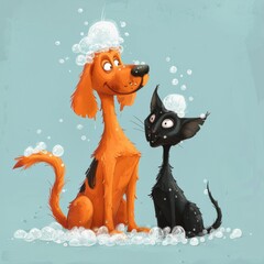 Two cartoon dog and cat, one orange and one black, playfully share a bath with bubbles on their heads against a blue background.