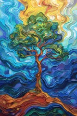 A vibrant abstract artwork features a swirling blue and yellow background with a prominent twisting tree in the center, evoking a sense of movement and serenity.