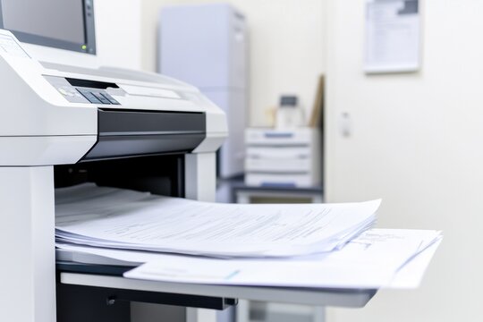 A close up of a multifunction printer working in an office environment with documents being printed in broad daylight
