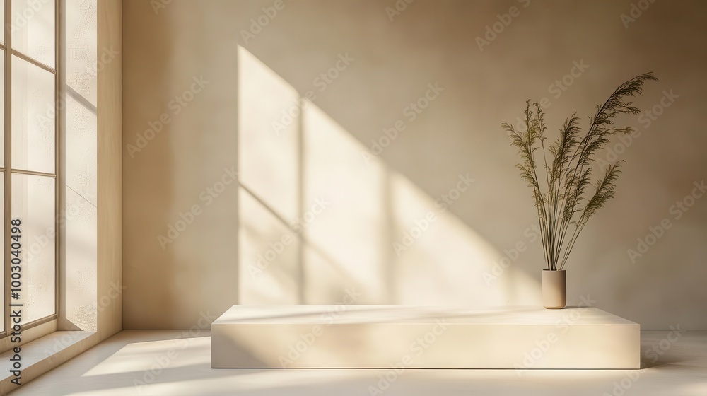 Poster serene beige studio with subtle window shadows cast on textured wall minimalist product display pede