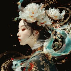 A Chinese fairy with flowers and mist, white peonies on her head, turquoise flowing in the wind, digital art style