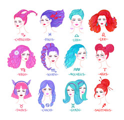 Vector color illustrations collection of zodiac signs girls portraits
