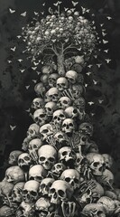 A surreal composition blending a towering structure of skulls with a tree, symbolizing life and death, surrounded by small flying creatures.