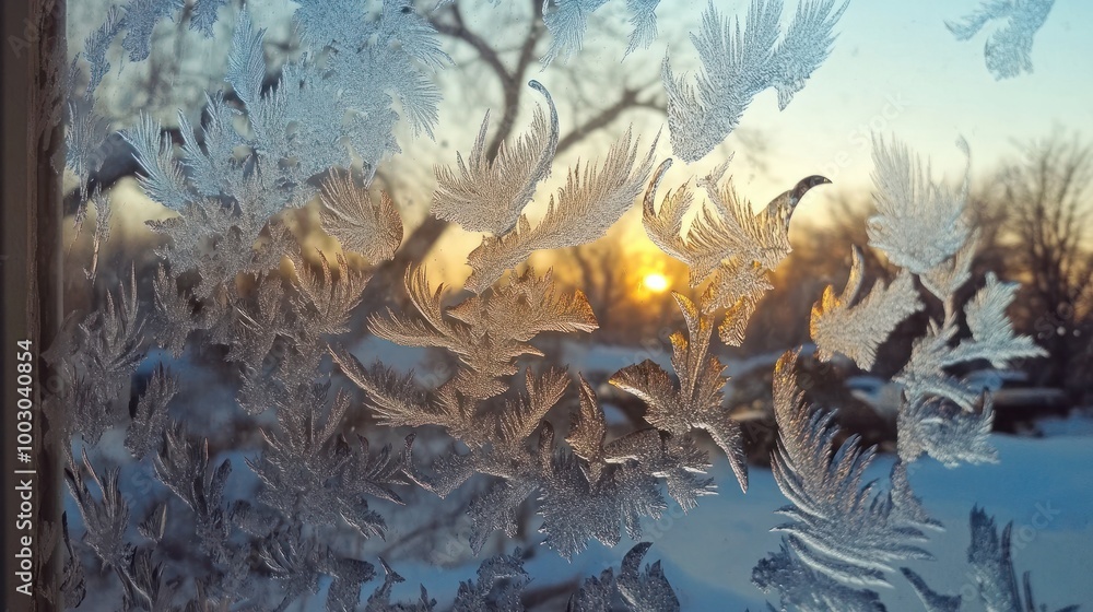 Poster frost creates fascinating patterns on a window in winter