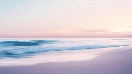 Obraz premium serene coastal scene gentle waves lapping at sandy shore pastel sky at dusk vector art style with smooth gradients minimalist composition conveying tranquility