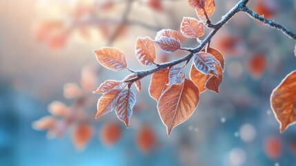 frozen branch with autumn leaves autumn winter background