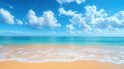 Obraz premium serene coastal panorama featuring golden sands meeting turquoise waters endless horizon merging sea and sky in a breathtaking display of natures grandeur