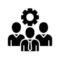 Teamwork icon with three business figures and gear symbol in black silhouette