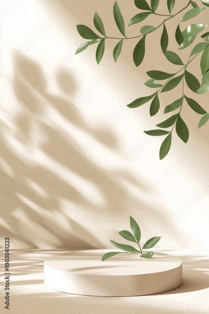 Poster minimalist display with circular pedestal under natural light and leafy shadows in a serene setting