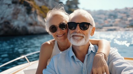Generative AI image of serious senior couple enjoying yacht travel on sea