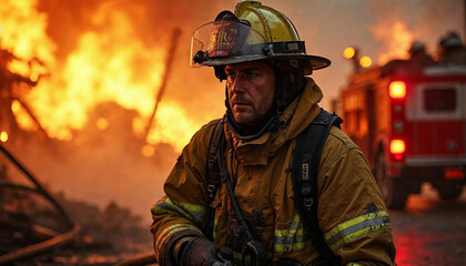 Professional firefighter standing in front of fire blaze. Fireman rescuer hero at work. Generated AI