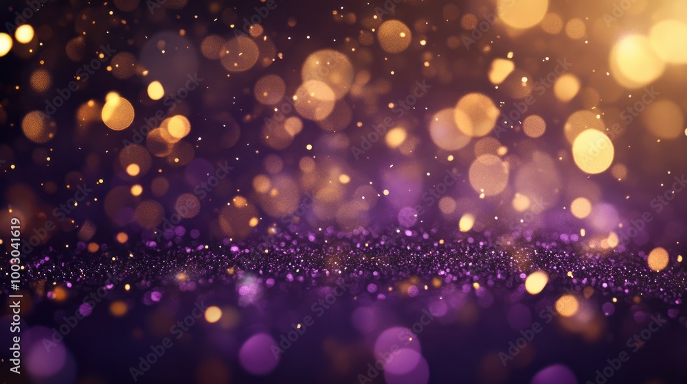 Poster gold and dark violet fireworks and bokeh in new year eve and copy space. abstract background holiday