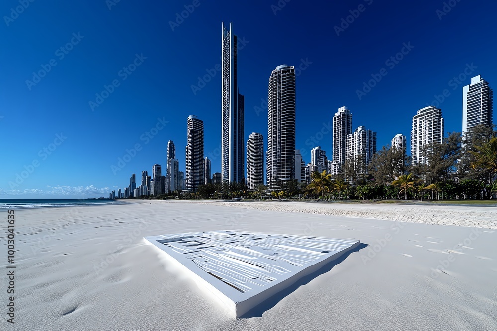 Poster Clean, abstract skyline of a city, using simple lines and shapes to depict tall buildings and open spaces in a modern style