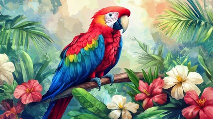 Obraz premium Vibrant red and blue parrot perched among tropical flowers in a lush jungle setting