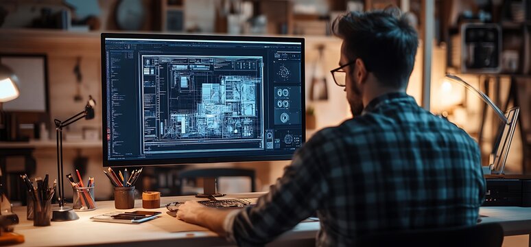 Man working on a computer with a blueprint on the screen.