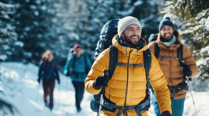 Group of friends enjoying a winter hike together