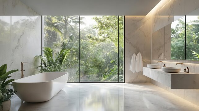 serene marble bathroom interior bathed in natural light featuring dual sinks and large window overlooking lush greenery blending modern luxury with nature