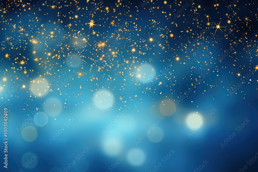 Poster Blue background with silver and gold snowflake particles and blurred bokeh sparkles. Generated AI