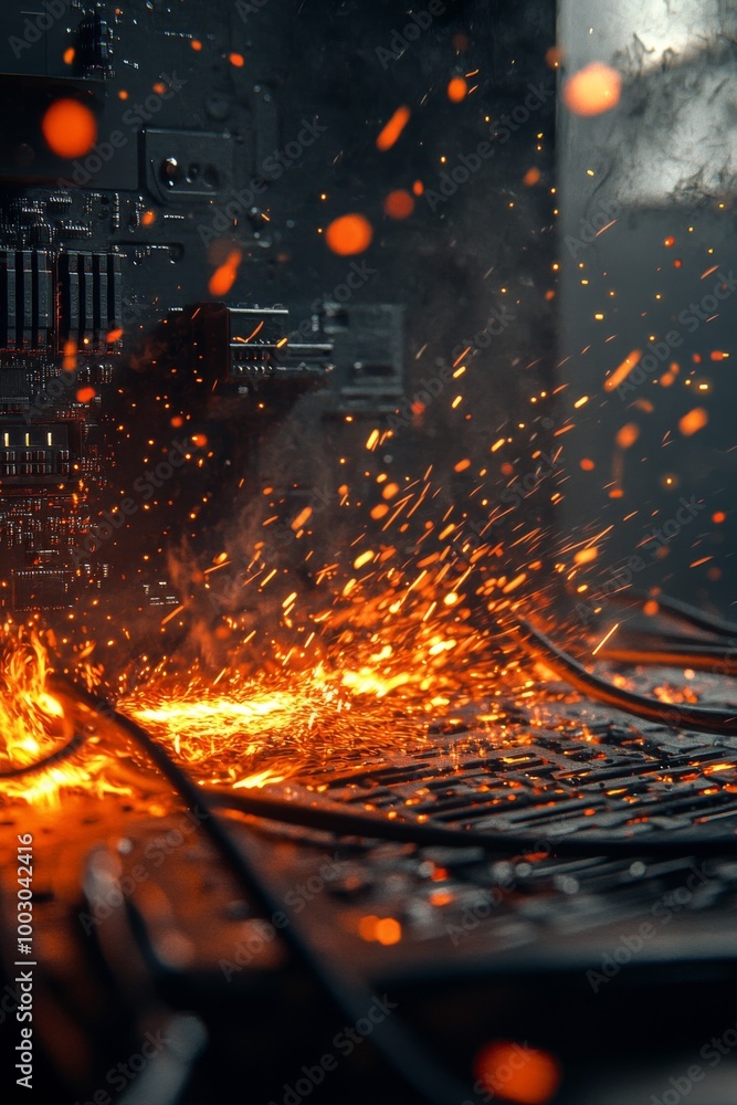 Poster dynamic close-up of a circuit board with electric sparks and vibrant flames at a tech workshop