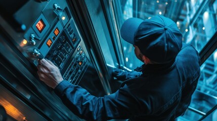 An elevator inspector inspects the control panel within a glass elevator shaft. The technician is ensuring all functions operate smoothly during a safety assessment