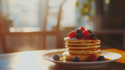 Delicious stack of pancakes topped with fresh berries and syrup in warm morning light