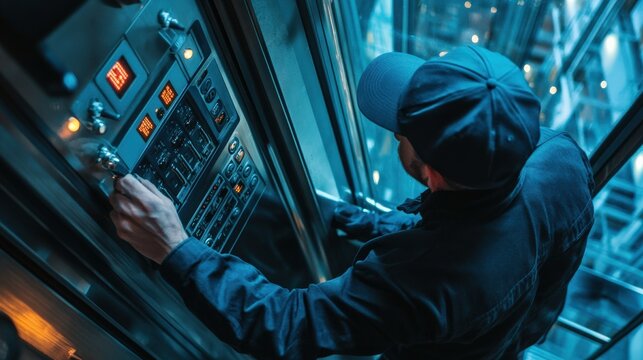 An elevator inspector inspects the control panel within a glass elevator shaft. The technician is ensuring all functions operate smoothly during a safety assessment