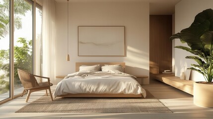 serene minimalist bedroom bathed in soft natural light organic textures and neutral palette create calming atmosphere contemporary furniture with clean lines complements warm wooden accents