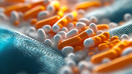 Obraz premium Colorful assortment of capsules and tablets on a textured surface in a close-up display